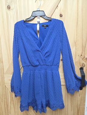 Lulus Meadowlake Blue Swiss Dot Lace Bell Sleeve Romper Womens Small